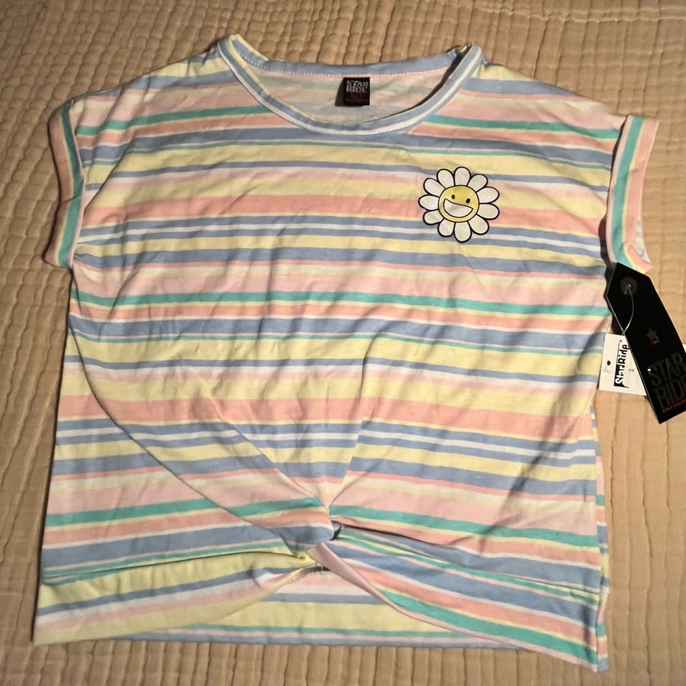 Girl’s Striped Pastel T-Shirt with Smiley Flower Size Small 7 / 8 NWT